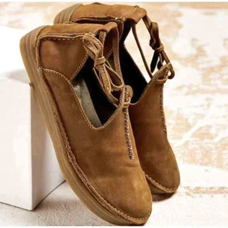 Women's casual suede lace-up flat shoes with decorative stitching – Brown