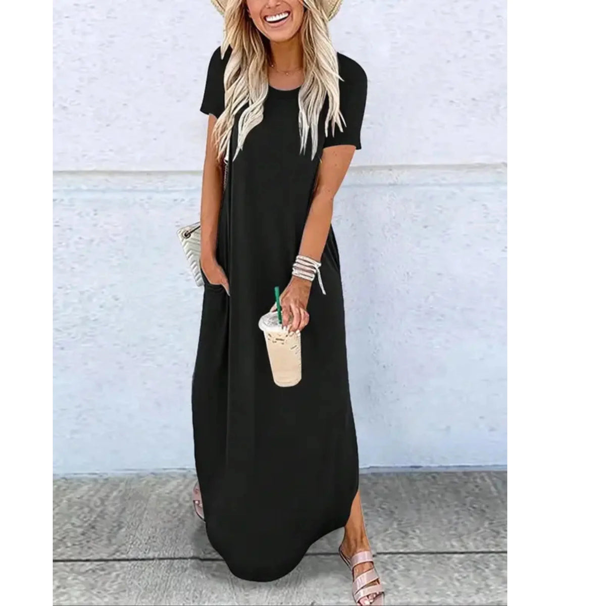 Women's casual summer knit maxi dress with round-neck short-sleeve side-split hem – Black