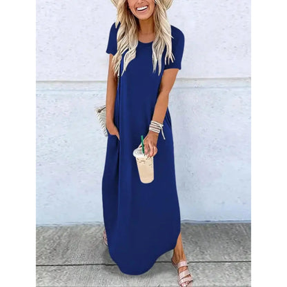 Women's casual summer knit maxi dress with round-neck short-sleeve side-split hem – Blue