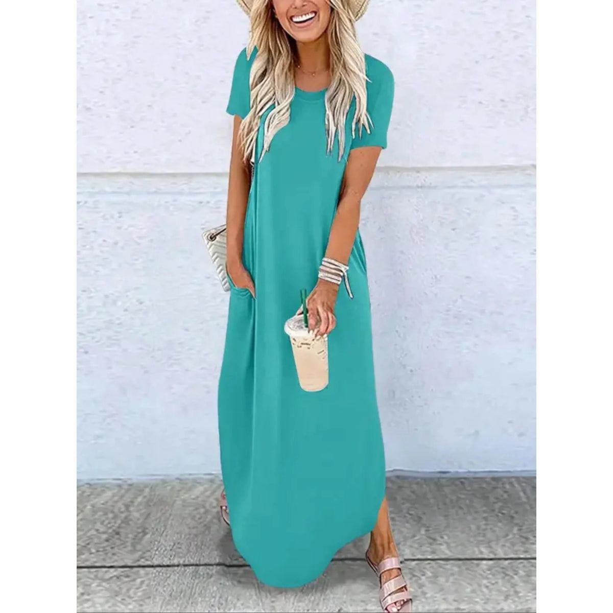 Women's casual summer knit maxi dress with round-neck short-sleeve side-split hem – Emerald