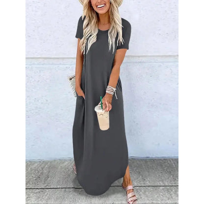 Women's casual summer knit maxi dress with round-neck short-sleeve side-split hem – Grey