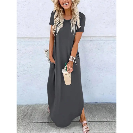 Women's casual summer knit maxi dress with round-neck short-sleeve side-split hem – Grey