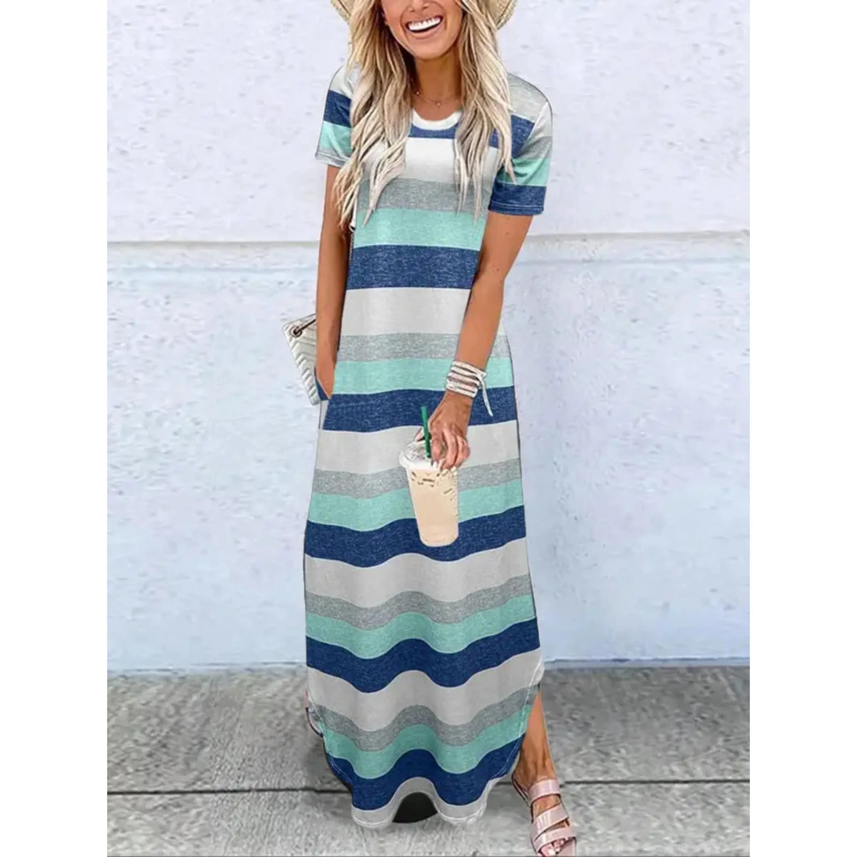Women's casual summer knit maxi dress with round-neck short-sleeve side-split hem – Green Striped
