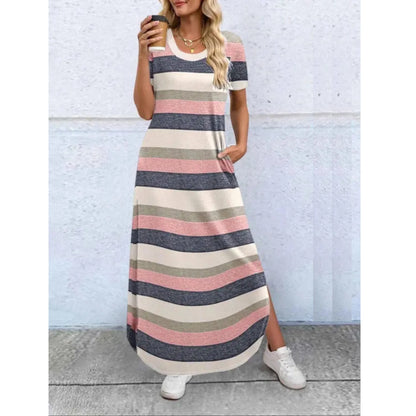 Women's casual summer knit maxi dress with round-neck short-sleeve side-split hem – Red Striped