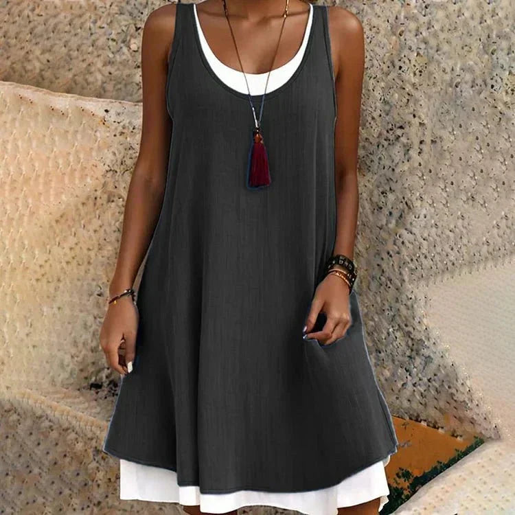 Women's casual summer layered mini dress with sleeveless scoop-neck – Black