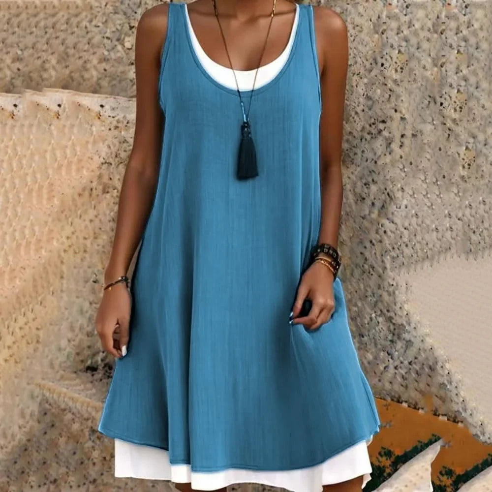 Women's casual summer layered mini dress with sleeveless scoop-neck – Blue
