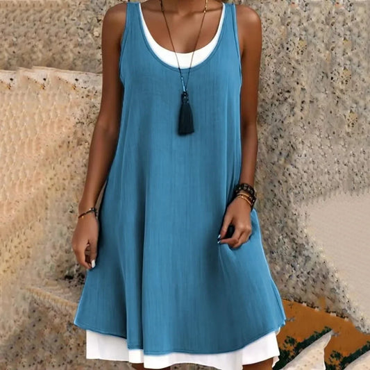 Women's casual summer layered mini dress with sleeveless scoop-neck – Blue