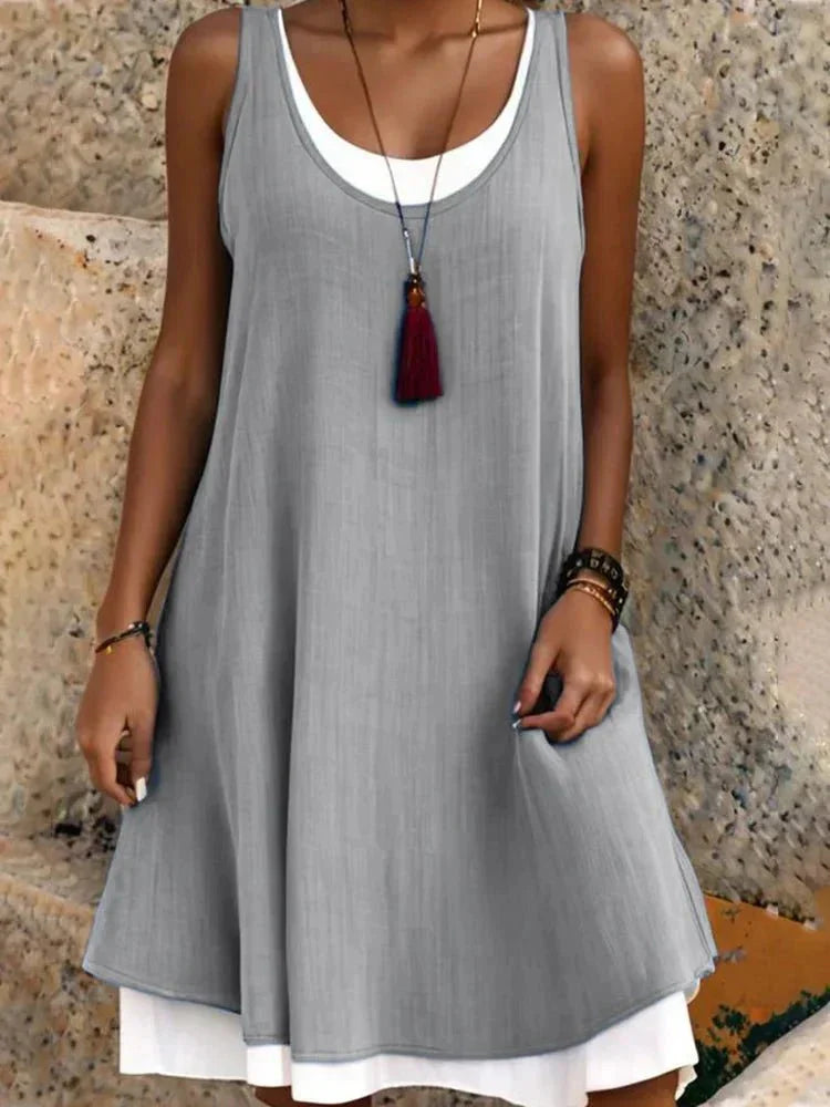 Women's casual summer layered mini dress with sleeveless scoop-neck – Grey