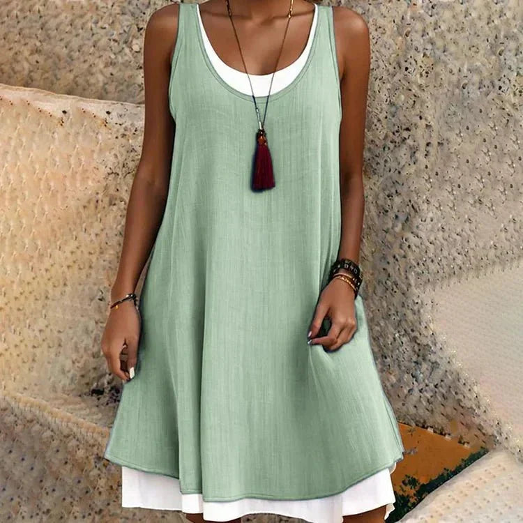 Women's casual summer layered mini dress with sleeveless scoop-neck – Green