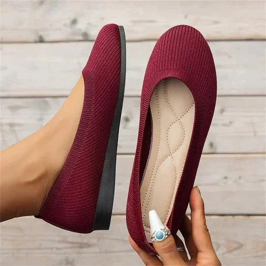 Women's casual textured knit slip-on ballet flats with round toe – Red