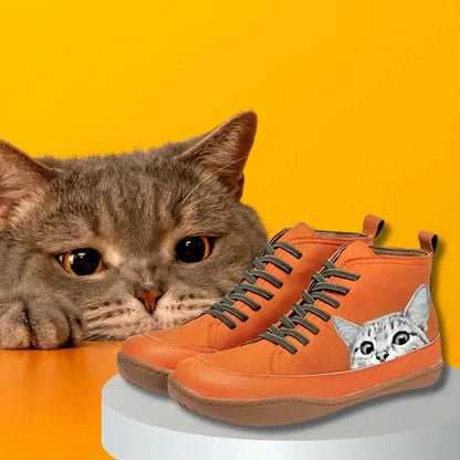 Women's cat print lace-up high-top leather ankle boots