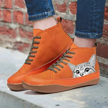 Women's cat print lace-up high-top leather ankle boots