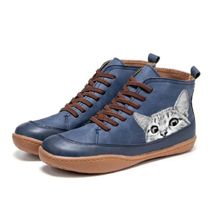 Women's cat print lace-up high-top leather ankle boots – Blue