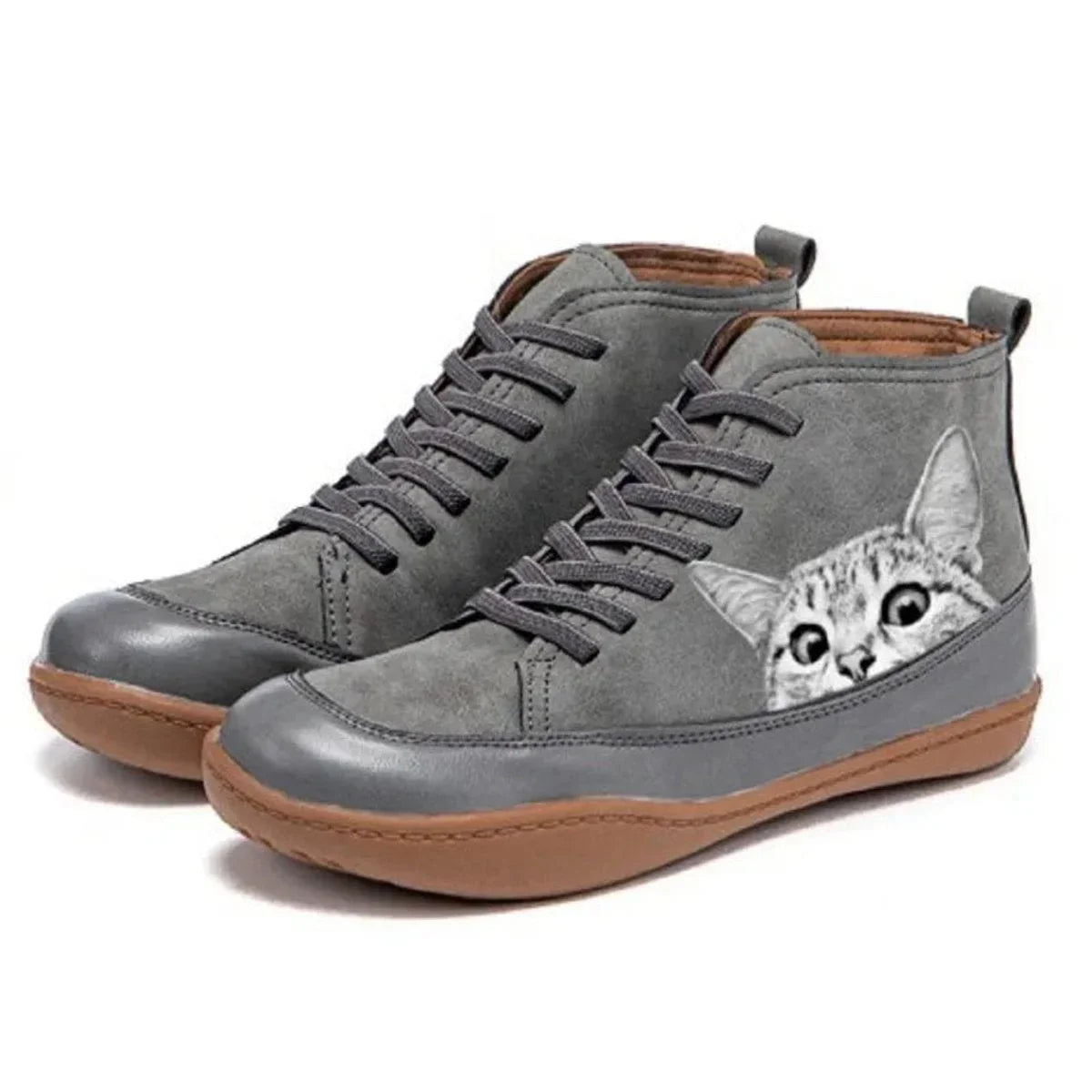 Women's cat print lace-up high-top leather ankle boots – Gray