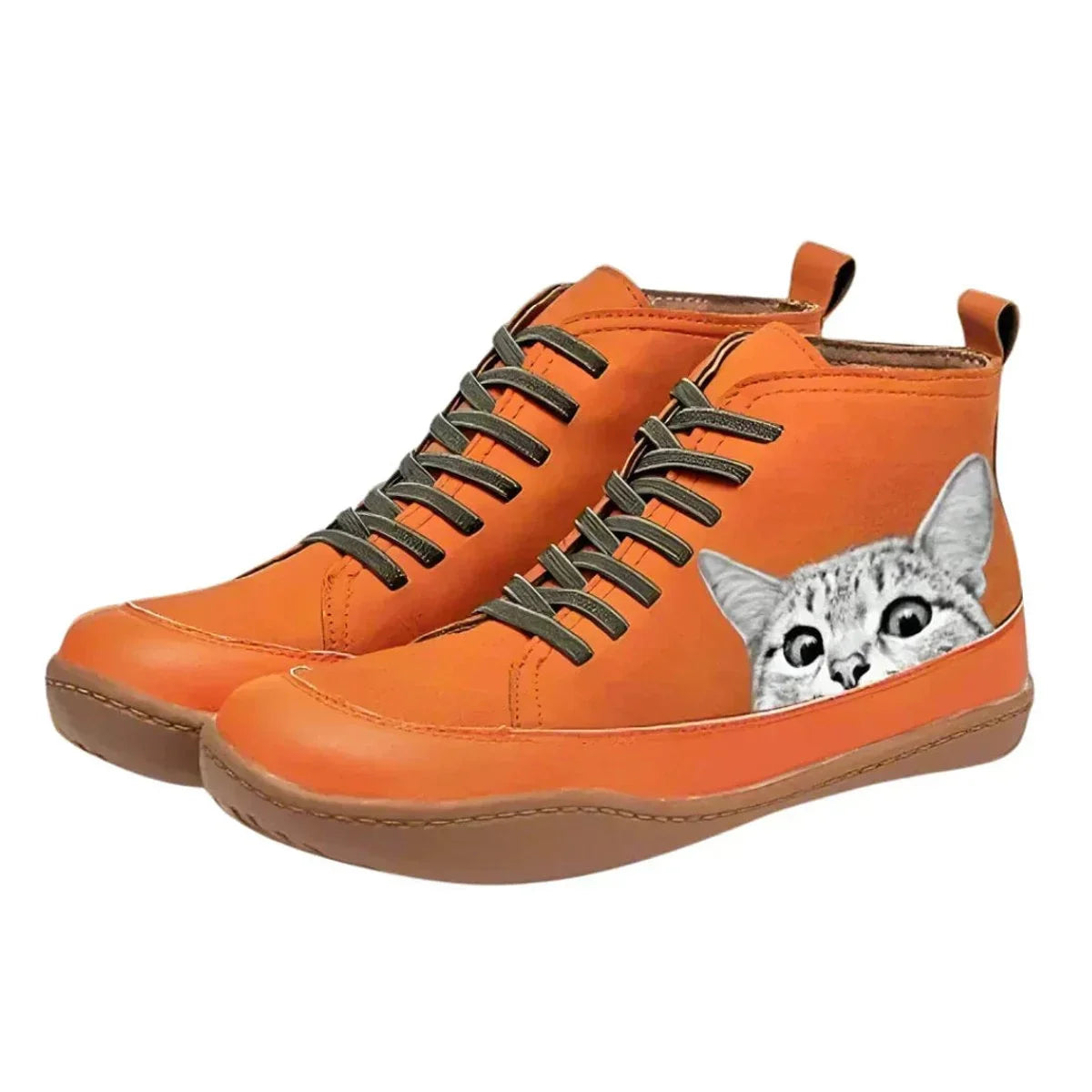 Women's cat print lace-up high-top leather ankle boots – Orange