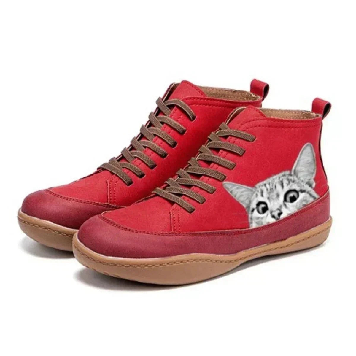 Women's cat print lace-up high-top leather ankle boots – Red