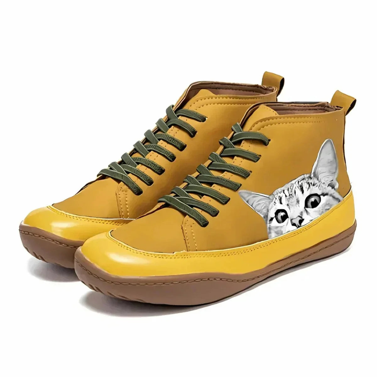 Women's cat print lace-up high-top leather ankle boots – Yellow