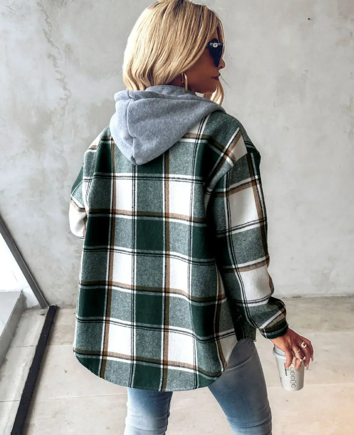 Women's checkered hooded jacket with button-front and long sleeves