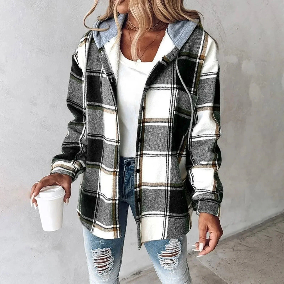 Women's checkered hooded jacket with button-front and long sleeves – Black