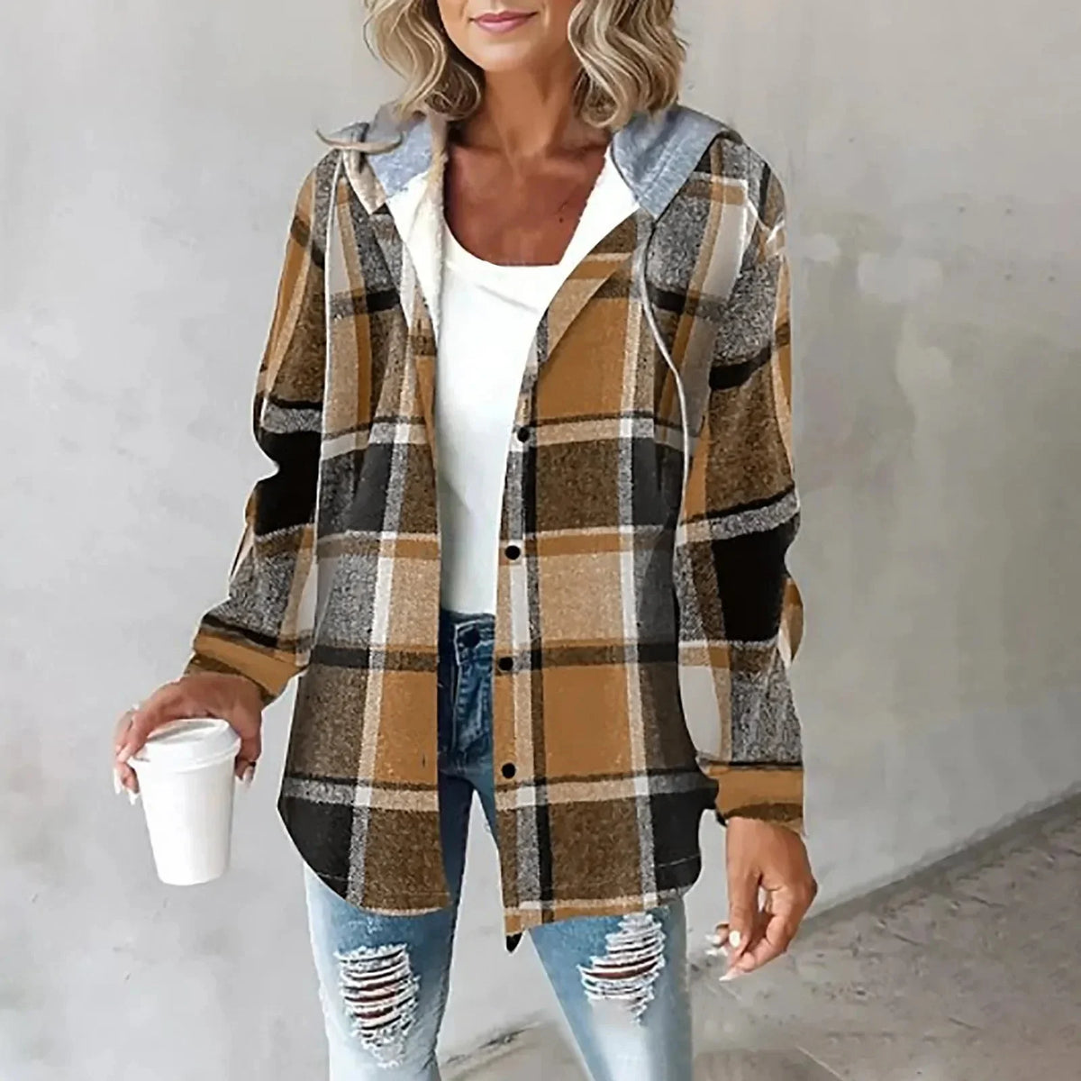 Women's checkered hooded jacket with button-front and long sleeves – Brown