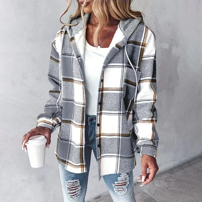 Women's checkered hooded jacket with button-front and long sleeves – Grey