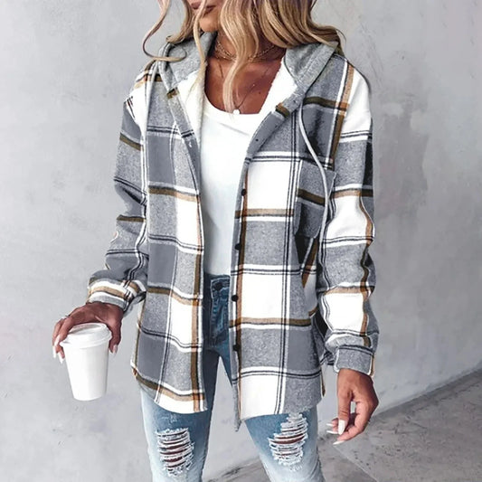 Women's checkered hooded jacket with button-front and long sleeves – Grey