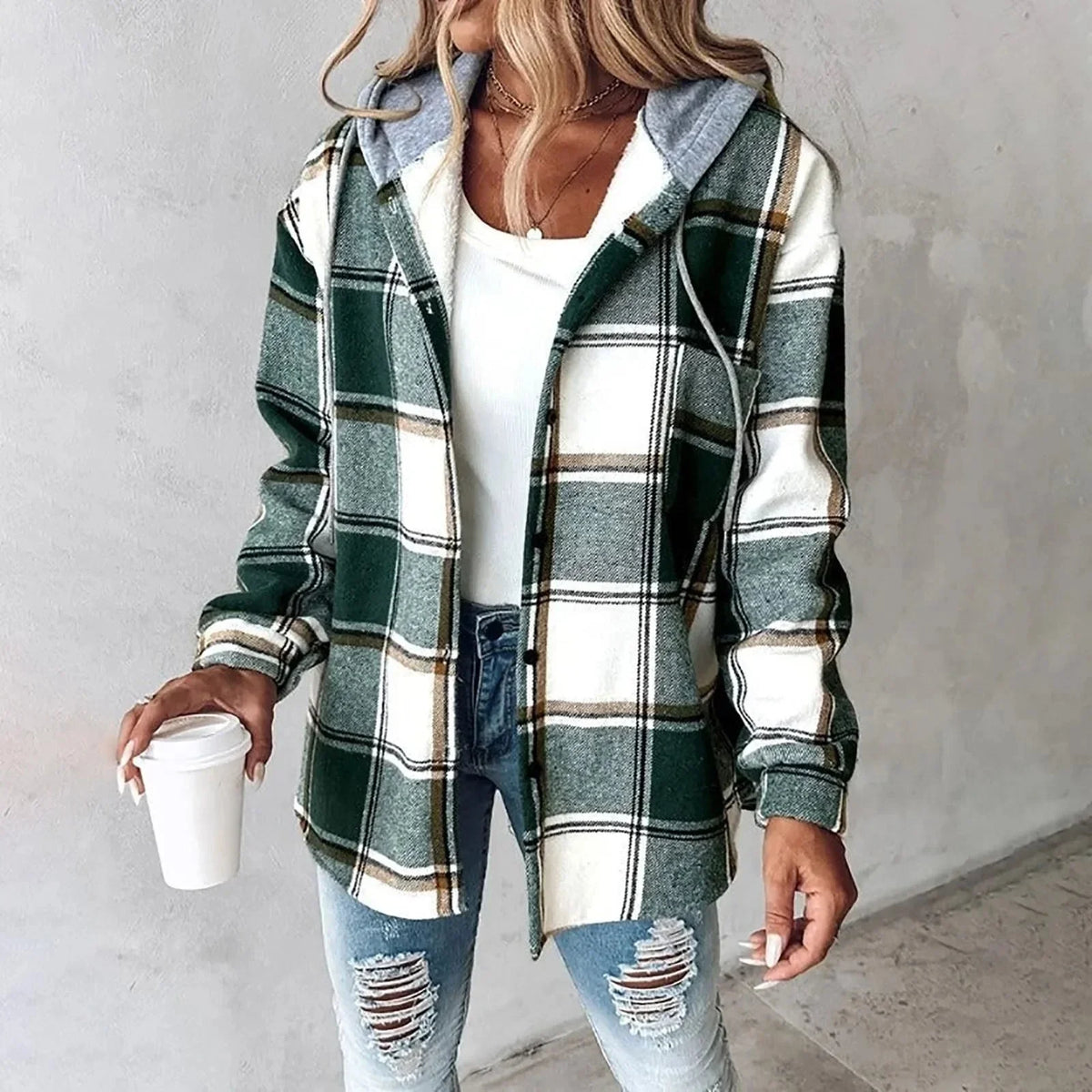 Women's checkered hooded jacket with button-front and long sleeves – Green