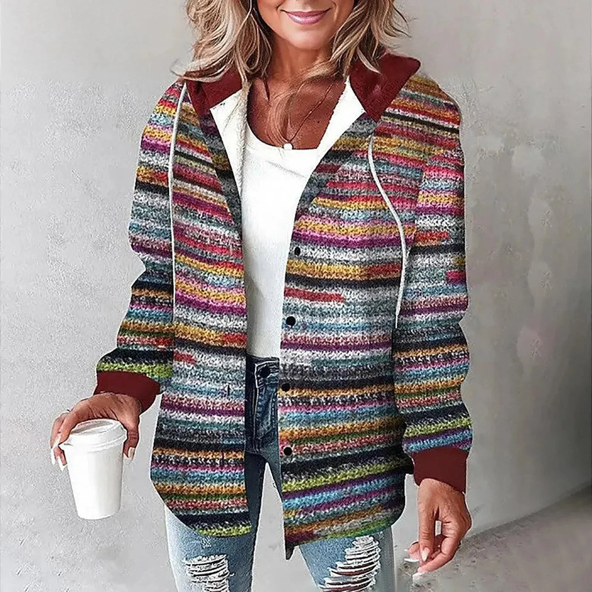 Women's checkered hooded jacket with button-front and long sleeves – Multicolored