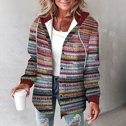 Women's checkered hooded jacket with button-front and long sleeves – Multicolored