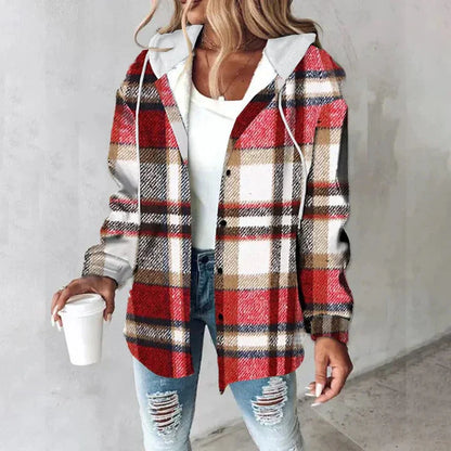 Women's checkered hooded jacket with button-front and long sleeves – Red