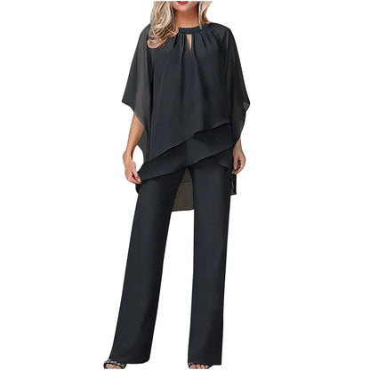 Women's chiffon batwing-sleeve keyhole top and womens wide leg pants set – Black