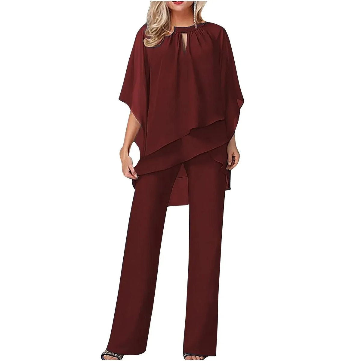 Women's chiffon batwing-sleeve keyhole top and womens wide leg pants set – Burgundy