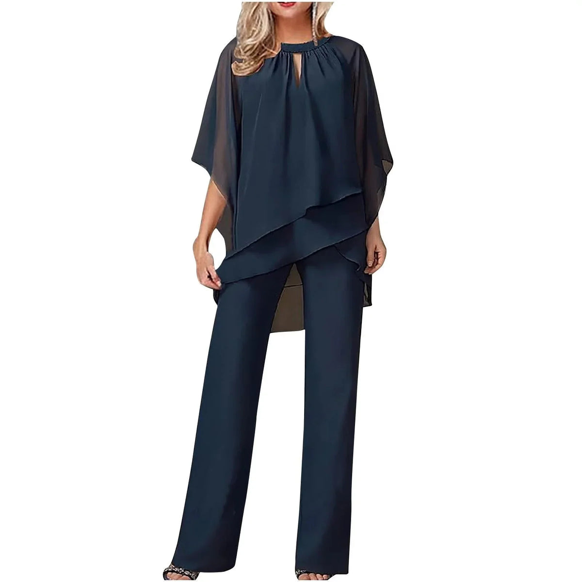 Women's chiffon batwing-sleeve keyhole top and womens wide leg pants set – Navy Blue