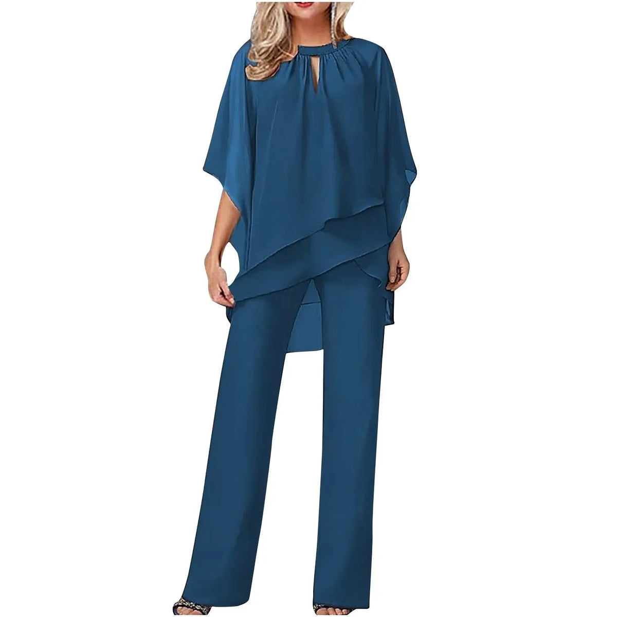 Women's chiffon batwing-sleeve keyhole top and womens wide leg pants set – Royal Blue
