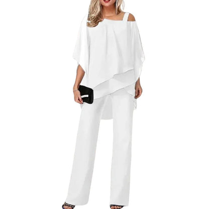 Women's chiffon batwing-sleeve keyhole top and womens wide leg pants set – White