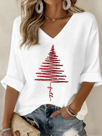 Women's Christmas knit graphic blouse with V-neck and 3/4 sleeve – White