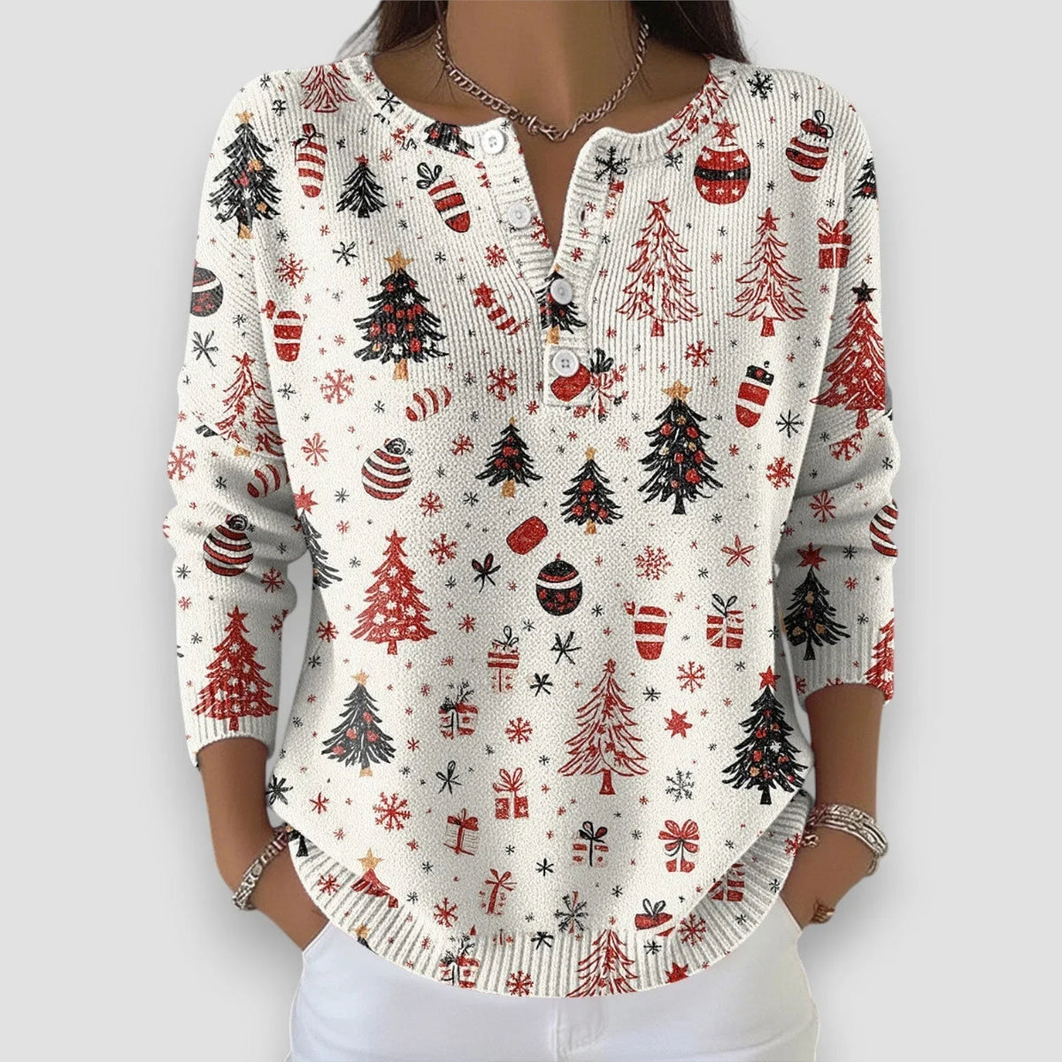 Women's Christmas knit sweater with Henley button-front neckline and 3/4-sleeves – White
