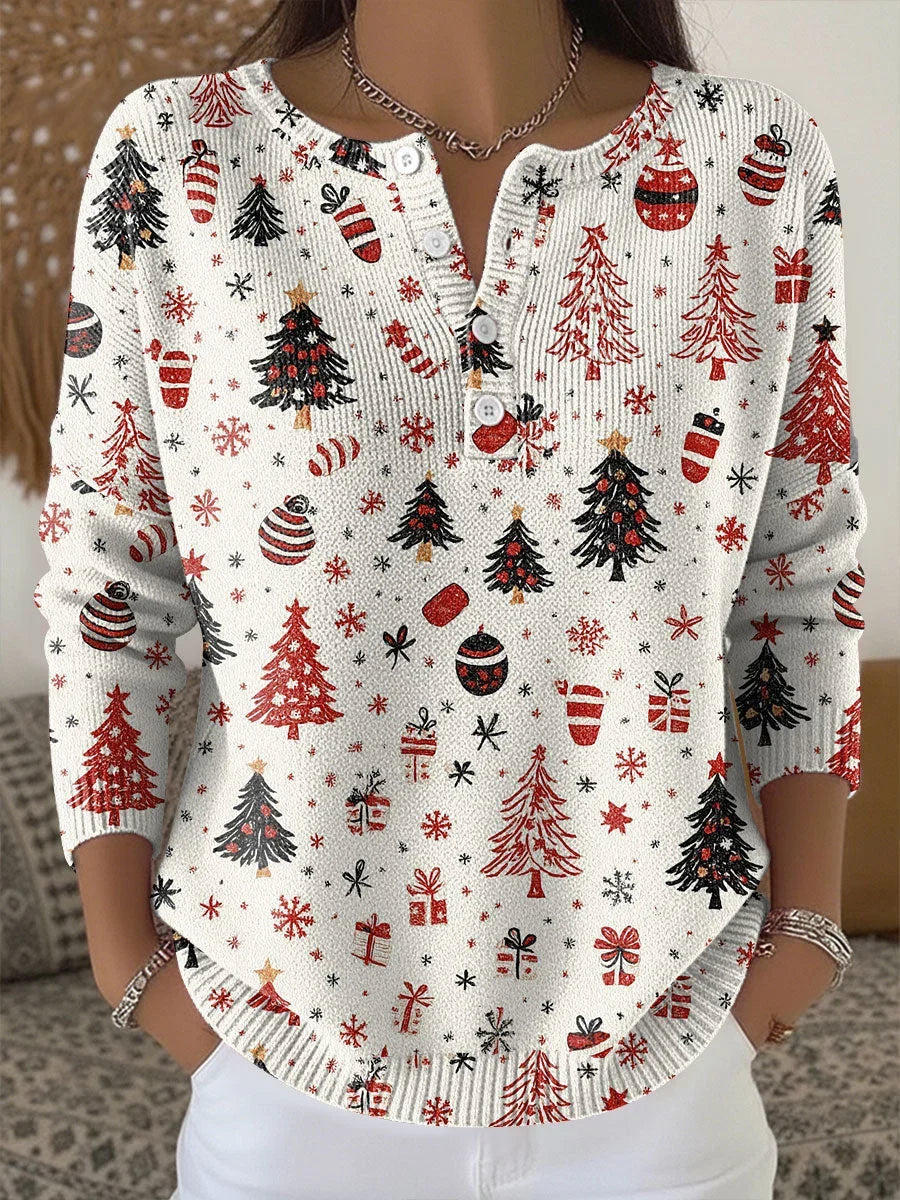 Women's Christmas knit sweater with Henley button-front neckline and 3/4-sleeves – White