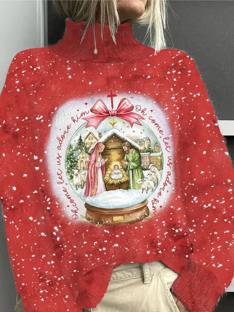 Women's Christmas nativity print knit sweater with long sleeves and turtleneck – Red