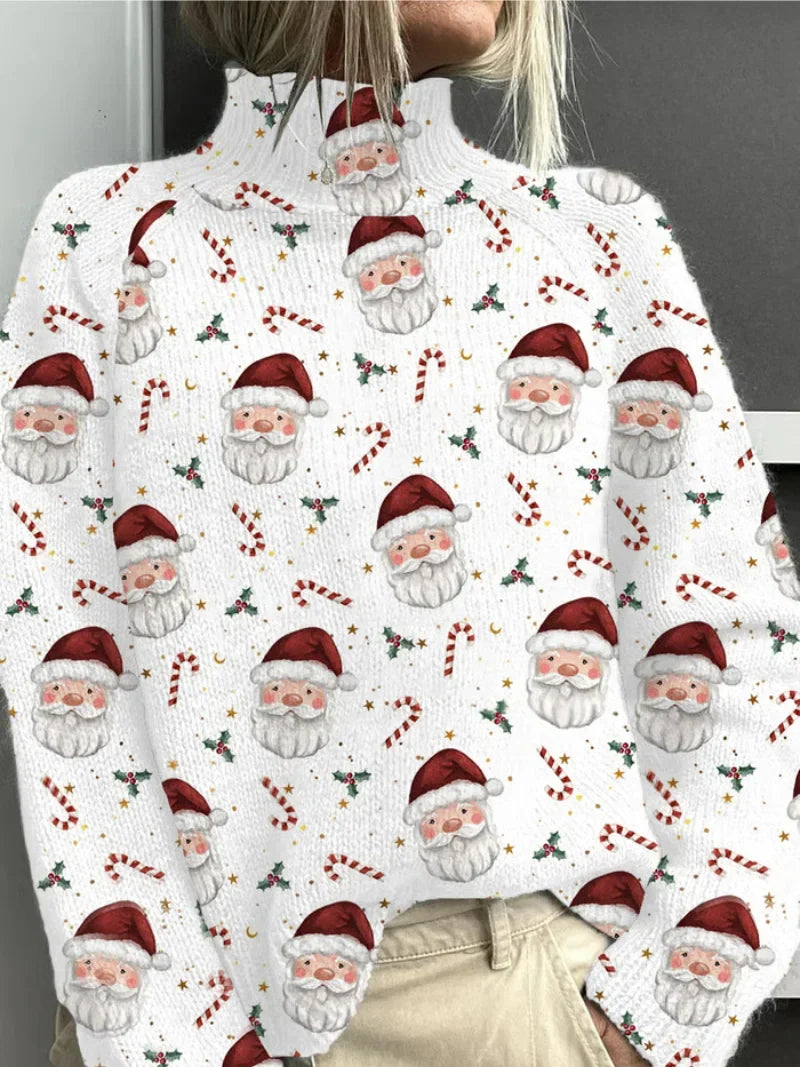 Women's Christmas Santa print knit sweater with mock-neck collar – White