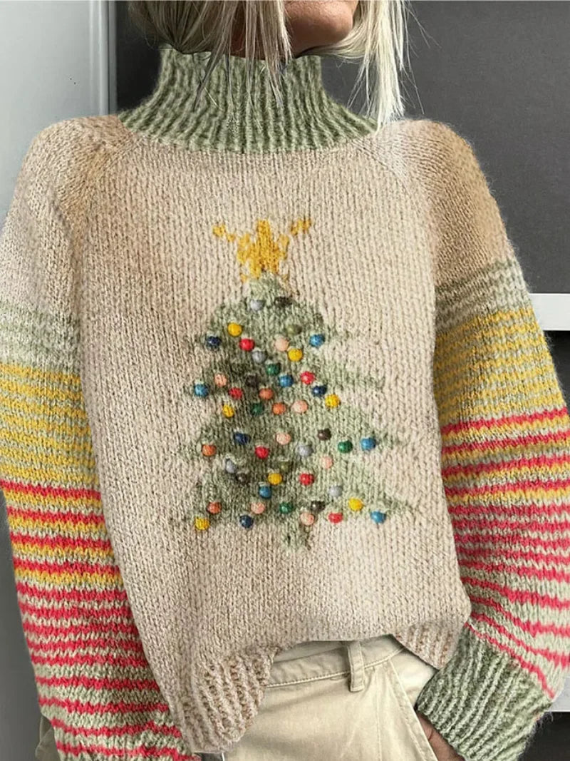 Women's christmas tree design knit sweater with striped sleeves and turtleneck – Multicolor