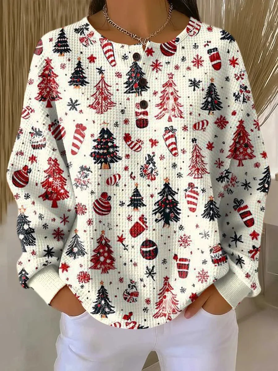 Women's Christmas tree print waffle knit sweater with long sleeve button placket – White