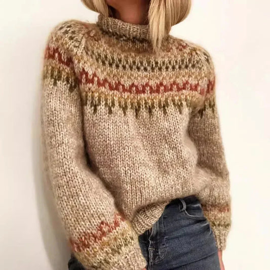 Women's chunky-knit fair-isle patterned jumper with turtleneck and long sleeves – Beige