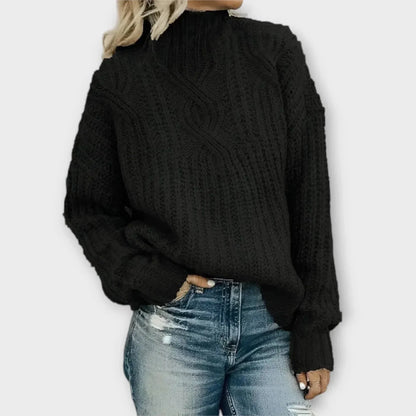 Women's chunky knit sweater with cable pattern, high-neck, oversized fit – Black