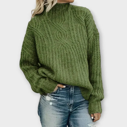 Women's chunky knit sweater with cable pattern, high-neck, oversized fit – Green