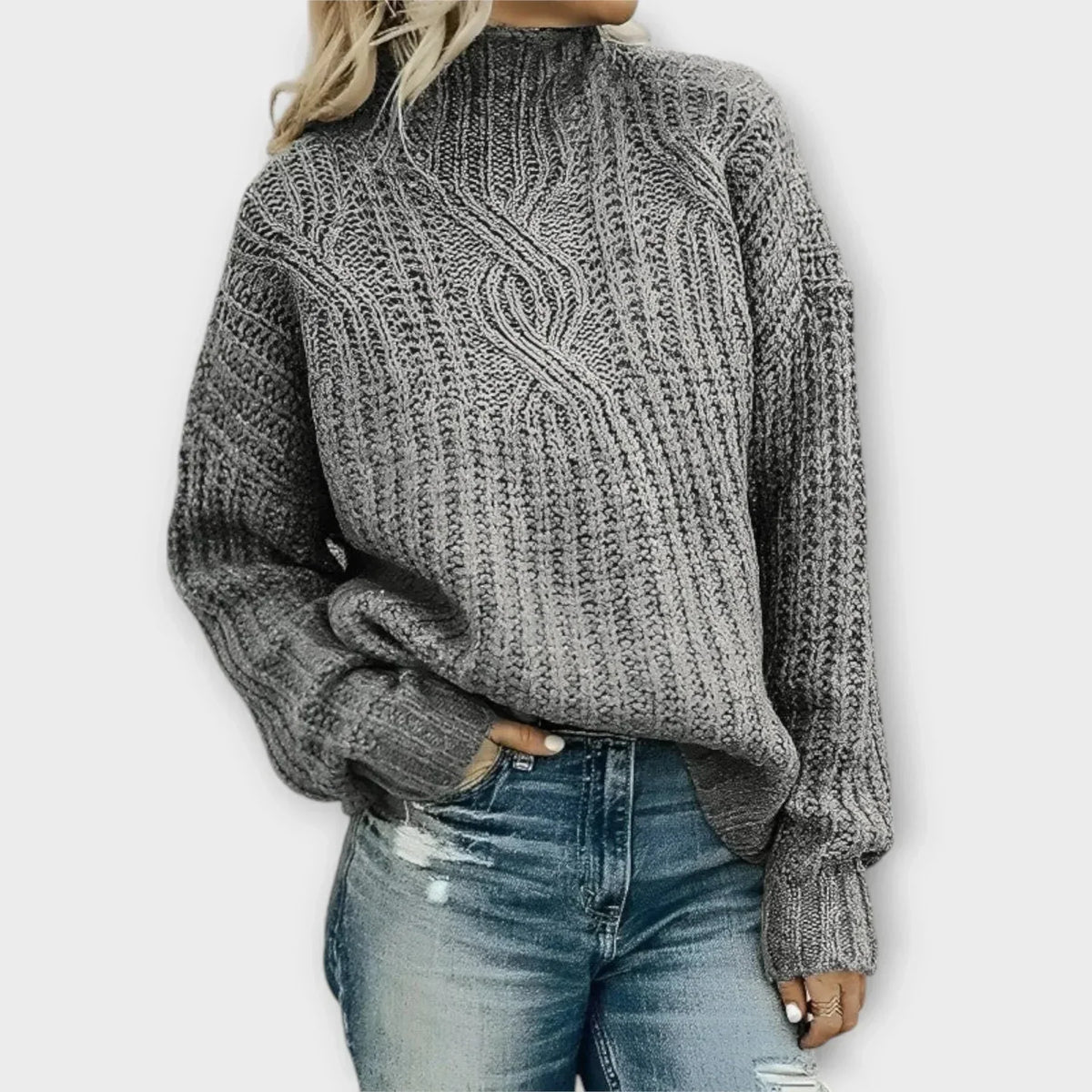 Women's chunky knit sweater with cable pattern, high-neck, oversized fit – Grey