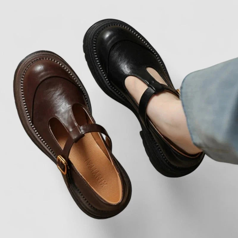 Women's chunky leather platform Mary-Jane shoes with buckle T-strap