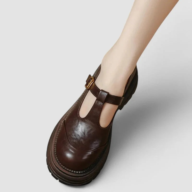 Women's chunky leather platform Mary-Jane shoes with buckle T-strap