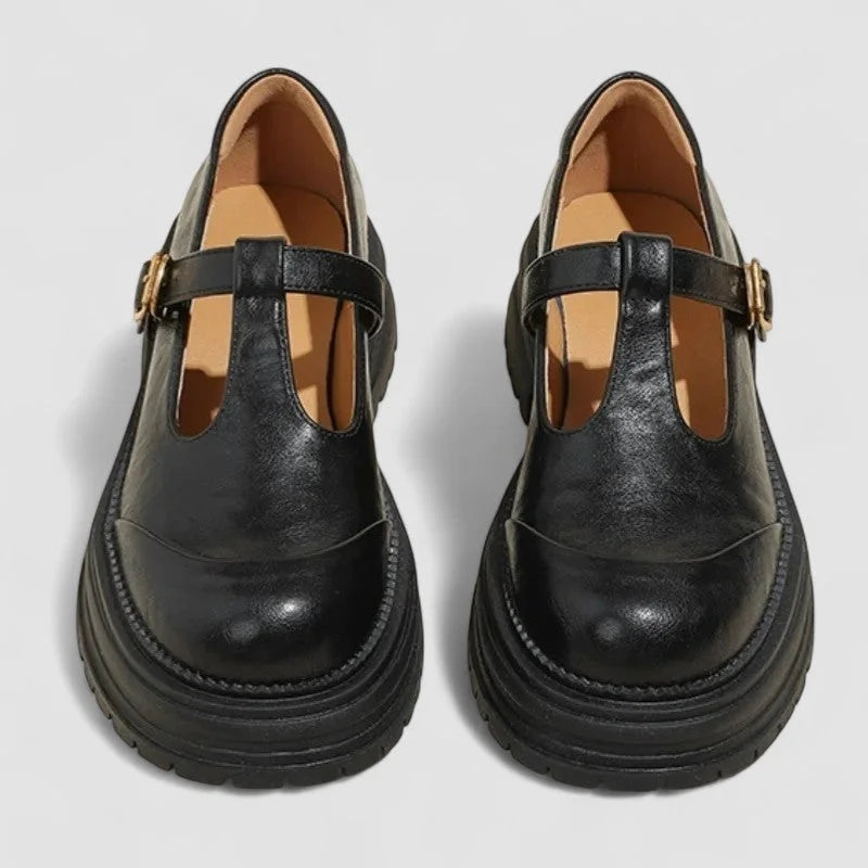 Women's chunky leather platform Mary-Jane shoes with buckle T-strap – Black