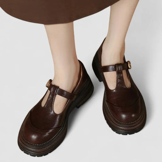 Women's chunky leather platform Mary-Jane shoes with buckle T-strap – Brown